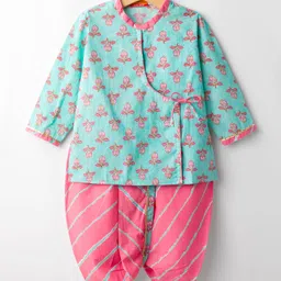 Exclusive from Jaipur Cotton Woven Full Sleeves Kurta Dhoti Set with Floral Print - Aqua Blue-picture-3