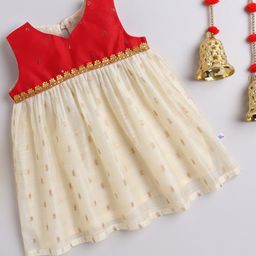 Many frocks & Chanderi Woven Sleeveless Ethnic Foil Printed Gota Lace Embellished Dress - Red & Cream-image-81