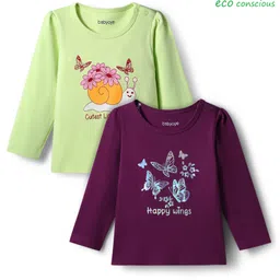 Babyoye 100% Cotton With Eco Jiva Finish Full Sleeves T-Shirts with Floral & Butterfly Print Pack of 2 - Light Green & Wine-picture-33