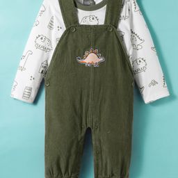 Little Kangaroos Cotton Woven Full Sleeves Dungarees With Dino Printed T-Shirt - Olive Green-picture-9