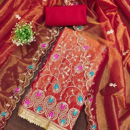 HERE&NOW Floral Embroidered Sequinned Twill Silk Unstitched Dress Material-image-8