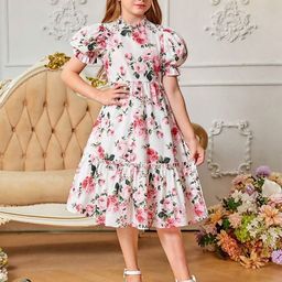 YK Girls Floral Printed Round Neck Puff Sleeev Fit & Flare Dress-image-24
