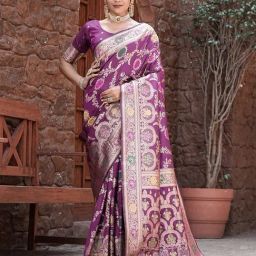 Varanga Purple Printed Banarasi Saree with Blouse Piece-picture-40