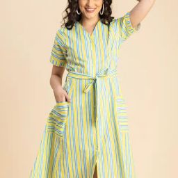 Moomaya Blue & Yellow Cotton Striped Shirt Dress-picture-44