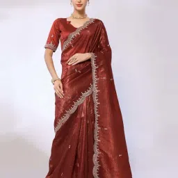 FABMORA Brown Embroidered Saree With Unstitched Blouse-image-14