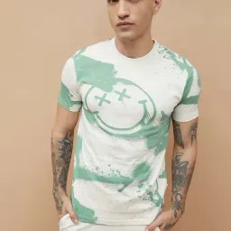 Smileyworld Sage & White Cotton Regular Fit Printed T-Shirt-picture-3