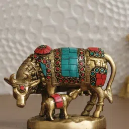 eCraftIndia Cow and Calf Handcrafted Brass Idol Figurine with Colorful Stone Work-image-40