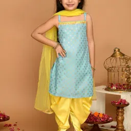 Saka Designs Kids Sky Blue & Yellow Printed Kurta with Dhoti & Dupatta-image-27