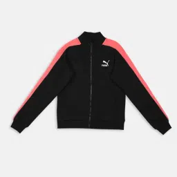 Puma Kids T7 Black & Pink Cotton Logo Full Sleeves Jacket-image-54