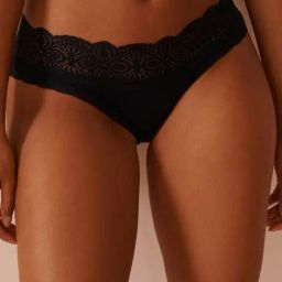 La Vie En Rose Black Lace Trim Ribbed Bikini Panty-image-74