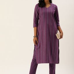 Saanjh Women Violet Cotton Blend Woven Designed Straight Kurti with Trousers-image-24