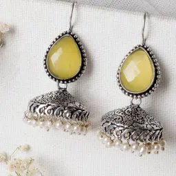 Teejh Ethnic Sahasra Yellow Stone Silver Oxidized Jhumki Earrings-image-80