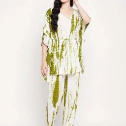 Clovia White & Green Tie & Dye Kaftan & Pyjama Set-image-21