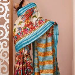 Unnati Silks Brown & Blue Silk Printed Saree With Unstitched Blouse-picture-28