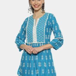 Biba Blue Cotton Embroidered A Line Short Kurti-picture-45