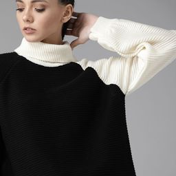 Roadster Women Black & Cream-Coloured Self Striped Pullover Sweater-image-17