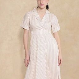 RAREISM Beige Cotton Blend Striped Short Sleeves Dress-image-43