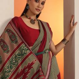 Libas Red Printed Saree With Unstitched Blouse image 5