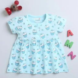 Bumzee Kids Powder Blue Cotton Printed Frock-image-89