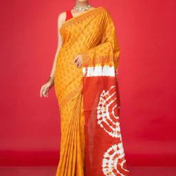 Unnati Silks Yellow & Red Cotton Printed Saree With Unstitched Blouse-picture-5