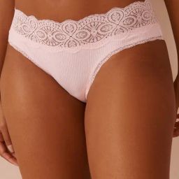 La Vie En Rose Pink Lace Trim Ribbed Bikini Panty-image-46