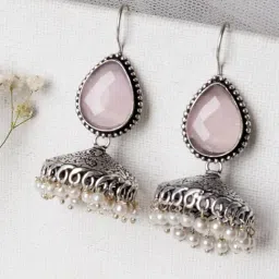 Teejh Ethnic Sahasra Pink Stone Silver Oxidized Jhumki Earrings-20