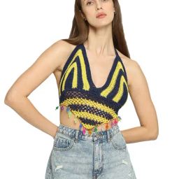 Smarty Pants Navy & Yellow Self Design Crochet Bikini Top-image-37