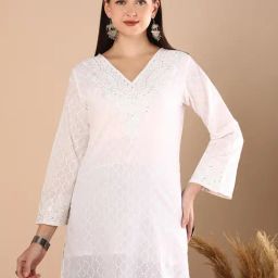 Fashor White Cotton Straight Fit Embroidered Kurti-42