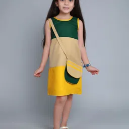 Pink Chick Girls Colourblocked Cotton Shift Dress With Matching Sling & Bow Clip-image-115