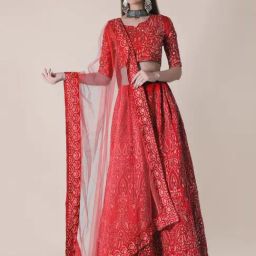 Atsevam Red Embroidered Semi-Stitched Lehenga Choli Set With Dupatta-picture-9