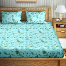Bella Casa Stella Collection Cyan Cotton 180 TC King Size Bedsheet with 2 Pillow Covers-picture-19