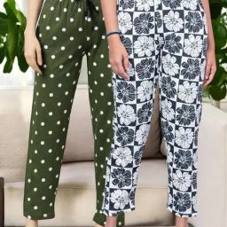 Kryptic Off White & Green Cotton Relaxed Fit Printed Lounge Pants - Pack of 2-image-75