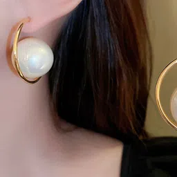 Celestria Contemporary Pearls Beaded Half Hoop Earrings-37