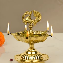StyleMyWay Gold Toned Brass Panchmukhi Peacock Diya-image-48