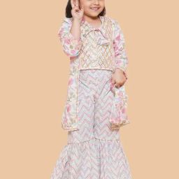 AJ Dezines Kids Pink & Blue Cotton Floral Print Full Sleeves Kurta Set-image-16