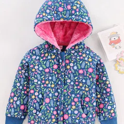 Babyhug Cotton Knit Full Sleeves Hooded Sweat Jacket Floral Print - Blue-picture-12