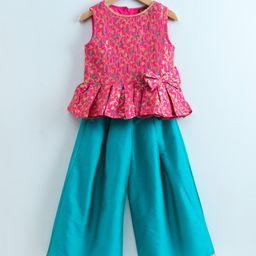 Twisha Girls Sleeveless Floral Swirl Foil Designed Peplum Top With Palazzo - Pink & Turquoise Blue-image-3