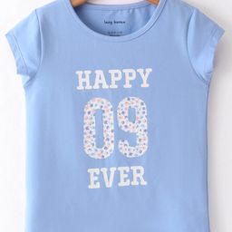 Lazy Bones Cotton Sinker Knit Half Sleeves Top Text Print - Blue-image-6