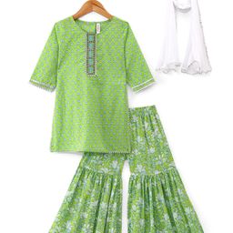 Babyhug 100% Cotton Woven Three Fourth Sleeves Kurti Palazzo & Dupatta Floral Print - Green-picture-15