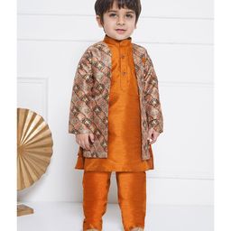AJ Dezines Raw Silk Full Sleeves Motif Printed Sherwani Set - Rust Orange-image-26