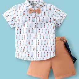 ToffyHouse 100% Cotton Half Sleeves Printed Shirt & Shorts Set With Suspender & Bow - White & Orange-image-72