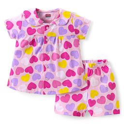 Babyhug Single Jersey Half Sleeves Shorts Set Hearts Print Night Suit - Pink-image-71