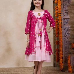 Pspeaches Georgette Solid  Tiered Ethnic Dress  With Full Sleeves Sequin Embellished  Shrug - Pink-image-112