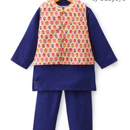 Babyoye Woven Full Sleeves Solid Kurta Pyjama Set with Floral Printed Jacket - Navy Blue-image-4