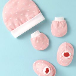 Ben Benny Interlock Knit Heart Printed Cap Mittens & Booties Set Pink - Diameter 10.5 cm-10