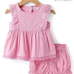 Babyoye Cotton Woven Sleeveless Top & Shorts Set with Floral Corsage - Pink-picture-4