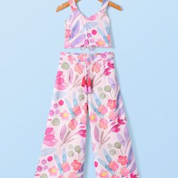 Saka Designs Cotton Woven Sleeveless Smocked Detailed Top & Palzzo Sets with Floral Print -Pink & Offwhite-image-18