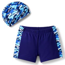 Pine Kids Mid Thigh Length Swimming Trunk with Cap Abstract Print - Navy Blue-image-0