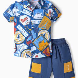 Ollington St. Cotton Half Sleeves Printed Shirt & Knit Shorts Set - Navy Blue-image-77