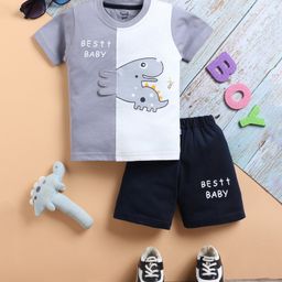 TOONYPORT Cotton Half Sleeves Best Baby Text Printed Tee & Coordinating Shorts Set - Grey-image-44